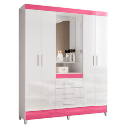 Guarda Roupa Solteiro Capelinha Capri 4 Portas e 3 Gavetas Flex Branco/Rosa com Espelho - Moval 