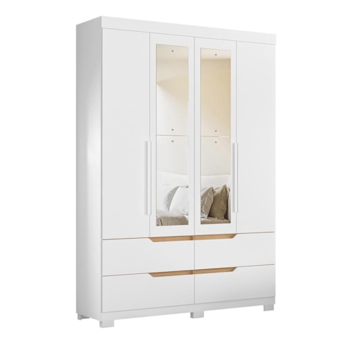 Guarda Roupa Solteiro Doble 4 Portas Flex Freijó/Branco com Espelho - Móveis Albatroz