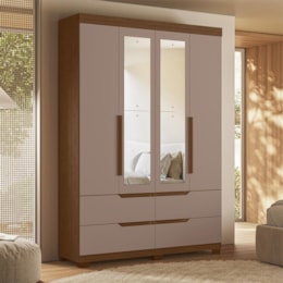 Guarda Roupa Solteiro Doble 4 Portas Nogueira/Capuccino com Espelho - Móveis Albatroz