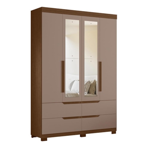 Guarda Roupa Solteiro Doble 4 Portas Nogueira/Capuccino com Espelho - Móveis Albatroz