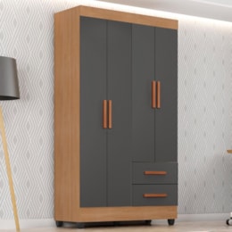 Guarda Roupa Solteiro Lite 4 Portas e 2 Gavetas Nature/Cinza - Móveis Leão