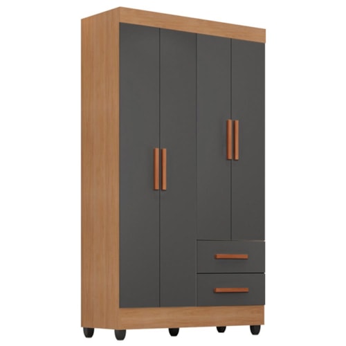 Guarda Roupa Solteiro Lite 4 Portas e 2 Gavetas Nature/Cinza - Móveis Leão