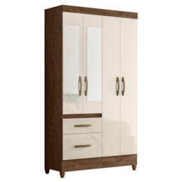 Guarda Roupa Solteiro Madri 4 Portas e 2 Gavetas Castanho Wood/Off White com Espelho - Moval