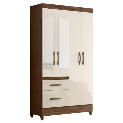 Guarda Roupa Solteiro Madri 4 Portas e 2 Gavetas Castanho Wood/Off White com Espelho - Moval