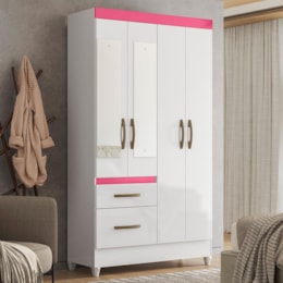 Guarda Roupa Solteiro Madri 4 Portas e 2 Gavetas Color Flex Branco/Rosa com Espelho - Moval