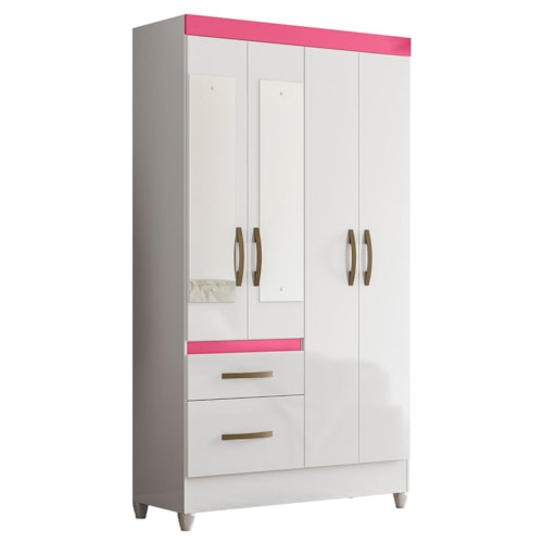 Guarda Roupa Solteiro Madri 4 Portas e 2 Gavetas Color Flex Branco/Rosa com Espelho - Moval