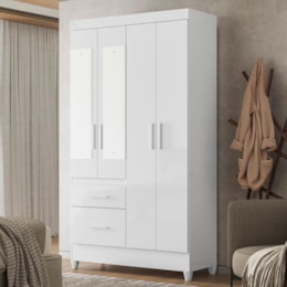 Guarda Roupa Solteiro Madri 4 Portas e 2 Gavetas Flex Branco com Espelho - Moval  Guarda Roupa Solteiro Madri 4 Portas e 2 Gavetas Flex Branco com Espelho - Moval