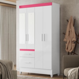 Guarda Roupa Solteiro Madri 4 Portas e 2 Gavetas Flex Branco/Rosa com Espelho - Moval  Guarda Roupa Solteiro Madri 4 Portas e 2 Gavetas Flex Branco/Rosa com Espelho - Moval