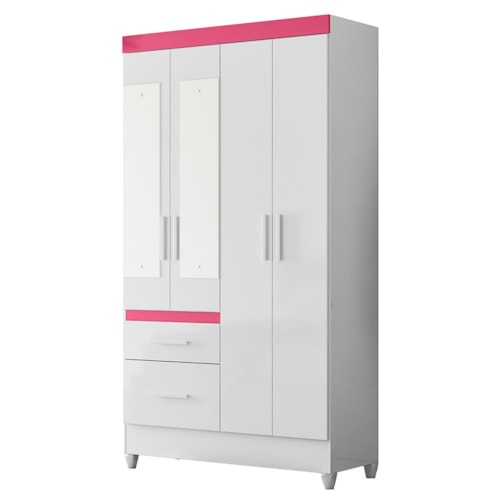 Guarda Roupa Solteiro Madri 4 Portas e 2 Gavetas Flex Branco/Rosa com Espelho - Moval 