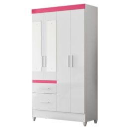 Guarda Roupa Solteiro Madri 4 Portas e 2 Gavetas Flex Branco/Rosa com Espelho - Moval  Guarda Roupa Solteiro Madri 4 Portas e 2 Gavetas Flex Branco/Rosa com Espelho - Moval