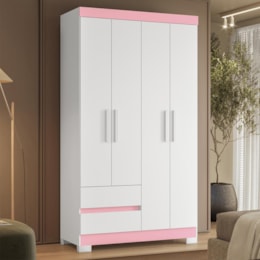 Guarda Roupa Solteiro Olímpia 4 Portas 2 Gavetas Quadriflex Branco/Rosa - Móveis Albatroz