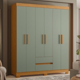 Guarda Roupa Solteiro Olímpia 6 Portas 2 Gavetas Cinamomo/Sálvia - Móveis Albatroz