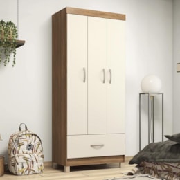 Guarda Roupa Solteiro Prince 3 Portas e 1 Gaveta Amêndola/Off White - Demóbile Guarda Roupa Solteiro Prince 3 Portas e 1 Gaveta Amêndola/Off White - Demóbile