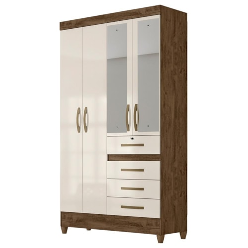 Guarda Roupa Solteiro Sobral 4 Portas e 4 Gavetas Castanho Wood/Off White com Espelho - Moval