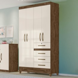 Guarda Roupa Solteiro Sobral 4 Portas e 4 Gavetas Castanho Wood/Off White - Moval