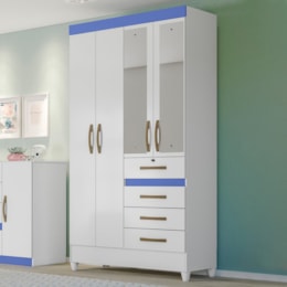 Guarda Roupa Solteiro Sobral 4 Portas e 4 Gavetas Color Flex Branco/Azul com Espelho - Moval