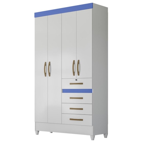 Guarda Roupa Solteiro Sobral 4 Portas e 4 Gavetas Color Flex Branco/Azul - Moval