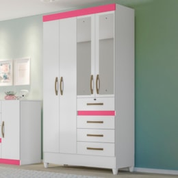 Guarda Roupa Solteiro Sobral 4 Portas e 4 Gavetas Color Flex Branco/Rosa com Espelho - Moval