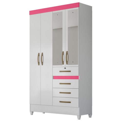 Guarda Roupa Solteiro Sobral 4 Portas e 4 Gavetas Color Flex Branco/Rosa com Espelho - Moval