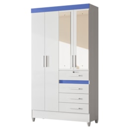 Guarda Roupa Solteiro Sobral 4 Portas e 4 Gavetas Flex Branco/Azul com Espelho - Moval