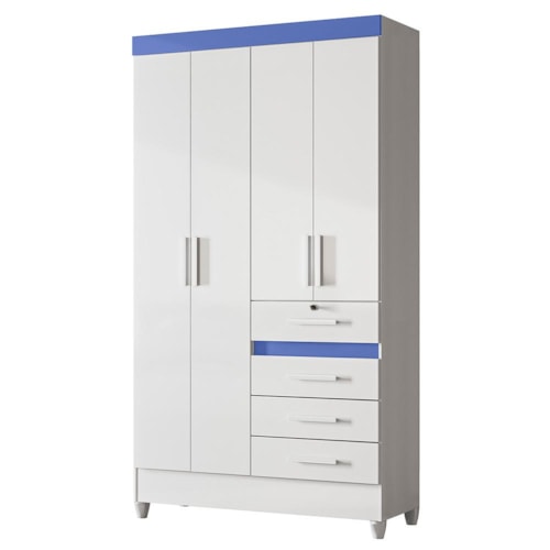 Guarda Roupa Solteiro Sobral 4 Portas e 4 Gavetas Flex Branco/Azul - Moval