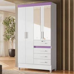 Guarda Roupa Solteiro Sobral 4 Portas e 4 Gavetas Flex Branco/Lilás com Espelho - Moval Guarda Roupa Solteiro Sobral 4 Portas e 4 Gavetas Flex Branco/Lilás com Espelho - Moval