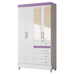 Guarda Roupa Solteiro Sobral 4 Portas e 4 Gavetas Flex Branco/Lilás com Espelho - Moval