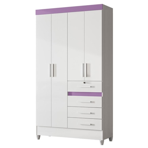 Guarda Roupa Solteiro Sobral 4 Portas e 4 Gavetas Flex Branco/Lilás - Moval