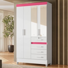 Guarda Roupa Solteiro Sobral 4 Portas e 4 Gavetas Flex Branco/Rosa com Espelho - Moval  Guarda Roupa Solteiro Sobral 4 Portas e 4 Gavetas Flex Branco/Rosa com Espelho - Moval