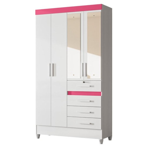 Guarda Roupa Solteiro Sobral 4 Portas e 4 Gavetas Flex Branco/Rosa com Espelho - Moval 