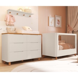 Jogo de Quarto Boom Plus Nordic Cômoda 6 Gavetas, Berço com Pés Amadeirado e Prateleira Areia Fosco/Savana - Reller Móveis