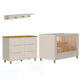 Jogo de Quarto Boom Plus Nordic Cômoda 6 Gavetas, Berço com Pés Amadeirado e Prateleira Areia Fosco/Savana - Reller Móveis