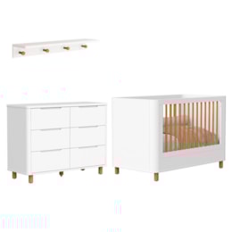 Jogo de Quarto Boom Plus Nordic Cômoda 6 Gavetas, Berço com Pés Amadeirado e Prateleira Branco Fosco - Reller Móveis