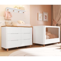 Jogo de Quarto Boom Plus Nordic Cômoda 6 Gavetas, Berço com Pés Amadeirado e Prateleira Branco Fosco/Savana - Reller Móveis