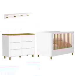 Jogo de Quarto Boom Plus Nordic Cômoda 6 Gavetas, Berço com Pés Amadeirado e Prateleira Branco Fosco/Savana - Reller Móveis