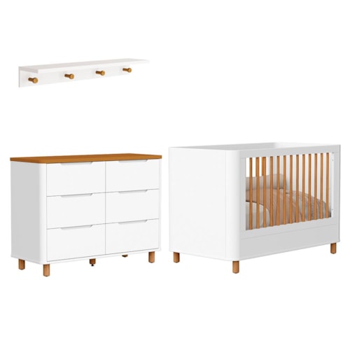 Jogo de Quarto Boom Plus Nordic Cômoda 6 Gavetas, Berço com Pés Amadeirado e Prateleira Branco Fosco/Savana - Reller Móveis