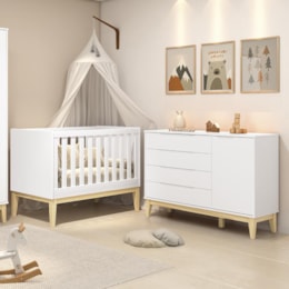 Jogo de Quarto Classic Cômoda 1 Porta Elfe e Berço Noah Branco com Pés Madeira Natural - Reller Móveis  Jogo de Quarto Classic Cômoda 1 Porta Elfe e Berço Noah Branco com Pés Madeira Natural - Reller Móveis