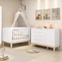 Jogo de Quarto Classic Cômoda 1 Porta Elfe e Berço Noah Branco com Pés Madeira Natural - Reller Móveis