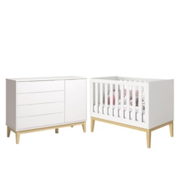 Jogo de Quarto Classic Cômoda 1 Porta Elfe e Berço Noah Branco com Pés Madeira Natural - Reller Móveis  Jogo de Quarto Classic Cômoda 1 Porta Elfe e Berço Noah Branco com Pés Madeira Natural - Reller Móveis