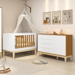 Jogo de Quarto Classic Cômoda 1 Porta Elfe e Berço Noah Branco/Savana com Pés Madeira Natural - Reller Móveis  Jogo de Quarto Classic Cômoda 1 Porta Elfe e Berço Noah Branco/Savana com Pés Madeira Natural - Reller Móveis