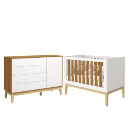 Jogo de Quarto Classic Cômoda 1 Porta Elfe e Berço Noah Branco/Savana com Pés Madeira Natural - Reller Móveis  Jogo de Quarto Classic Cômoda 1 Porta Elfe e Berço Noah Branco/Savana com Pés Madeira Natural - Reller Móveis