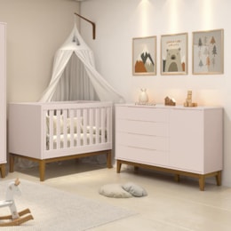 Jogo de Quarto Classic Cômoda 1 Porta Elfe e Berço Noah Rosa com Pés Amadeirado - Reller Móveis  Jogo de Quarto Classic Cômoda 1 Porta Elfe e Berço Noah Rosa com Pés Amadeirado - Reller Móveis
