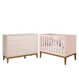 Jogo de Quarto Classic Cômoda 1 Porta Elfe e Berço Noah Rosa com Pés Amadeirado - Reller Móveis  Jogo de Quarto Classic Cômoda 1 Porta Elfe e Berço Noah Rosa com Pés Amadeirado - Reller Móveis