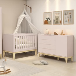 Jogo de Quarto Classic Cômoda 1 Porta Elfe e Berço Noah Rosa com Pés Madeira Natural - Reller Móveis  Jogo de Quarto Classic Cômoda 1 Porta Elfe e Berço Noah Rosa com Pés Madeira Natural - Reller Móveis