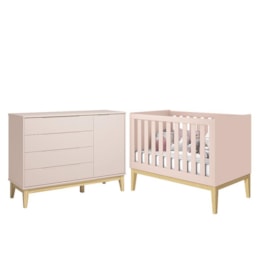 Jogo de Quarto Classic Cômoda 1 Porta Elfe e Berço Noah Rosa com Pés Madeira Natural - Reller Móveis  Jogo de Quarto Classic Cômoda 1 Porta Elfe e Berço Noah Rosa com Pés Madeira Natural - Reller Móveis