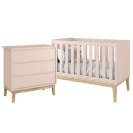 Jogo de Quarto Classic Cômoda 3 Gavetas e Berço Rosa Fosco com Pés Madeira Natural - Reller Móveis Jogo de Quarto Classic Cômoda 3 Gavetas e Berço Rosa Fosco com Pés Madeira Natural - Reller Móveis