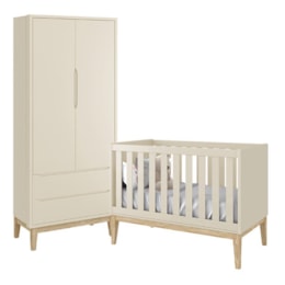Jogo de Quarto Classic Guarda Roupa 2 Portas e Berço Areia Fosco com Pés Madeira Natural - Reller Móveis Jogo de Quarto Classic Guarda Roupa 2 Portas e Berço Areia Fosco com Pés Madeira Natural - Reller Móveis