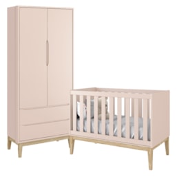 Jogo de Quarto Classic Guarda Roupa 2 Portas e Berço Rosa Fosco com Pés Madeira Natural - Reller Móveis Jogo de Quarto Classic Guarda Roupa 2 Portas e Berço Rosa Fosco com Pés Madeira Natural - Reller Móveis