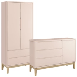 Jogo de Quarto Classic Guarda Roupa 2 Portas e Cômoda Rosa Fosco com Pés Madeira Natural - Reller Móveis Jogo de Quarto Classic Guarda Roupa 2 Portas e Cômoda Rosa Fosco com Pés Madeira Natural - Reller Móveis