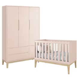 Jogo de Quarto Classic Guarda Roupa 3 Portas e Berço Rosa Fosco com Pés Madeira Natural - Reller Móveis Jogo de Quarto Classic Guarda Roupa 3 Portas e Berço Rosa Fosco com Pés Madeira Natural - Reller Móveis